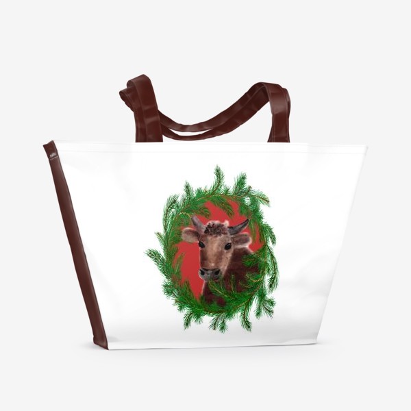 Пляжная сумка «Новогодний бык с еловым венком»