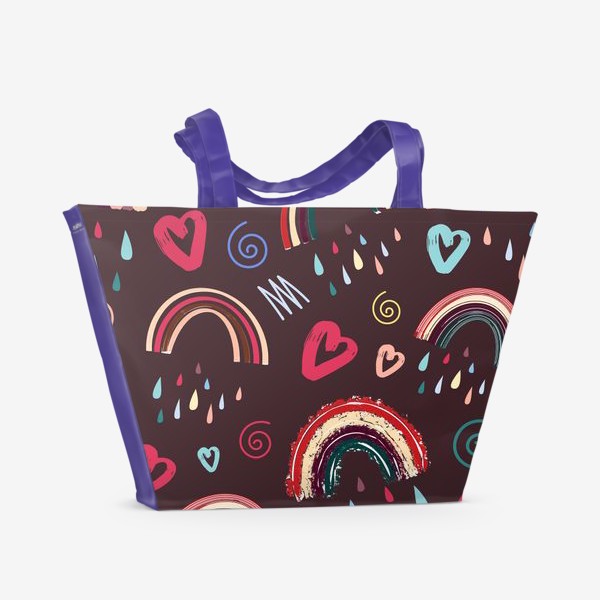 Пляжная сумка &laquo;Сердечки, радуга, капли дождя и спиральки. Симпатичный узор ко Дню Святого Валентина &raquo;