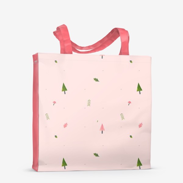 Сумка-шоппер «Лес на розовом (паттерн, елки, листья, грибы, желуди)»