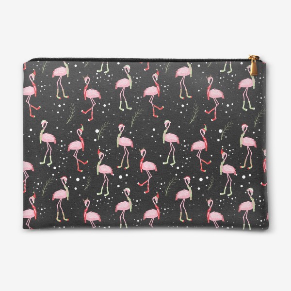Косметичка «Новогодние розовые фламинго на черном фоне»